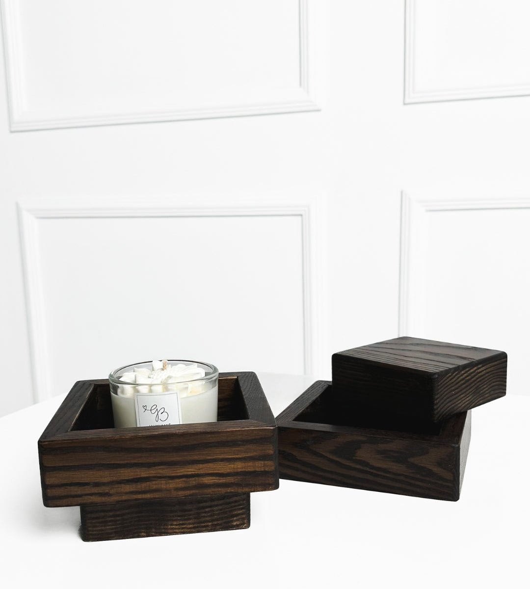 Dviejų dalių kvadratinis medinis padėklas žvakėms